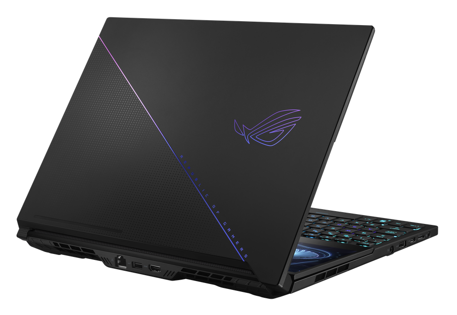 Off Center Rear View of the Rog Zephyrus Duo 16 With Rog Fearless Eye Logo and Slash